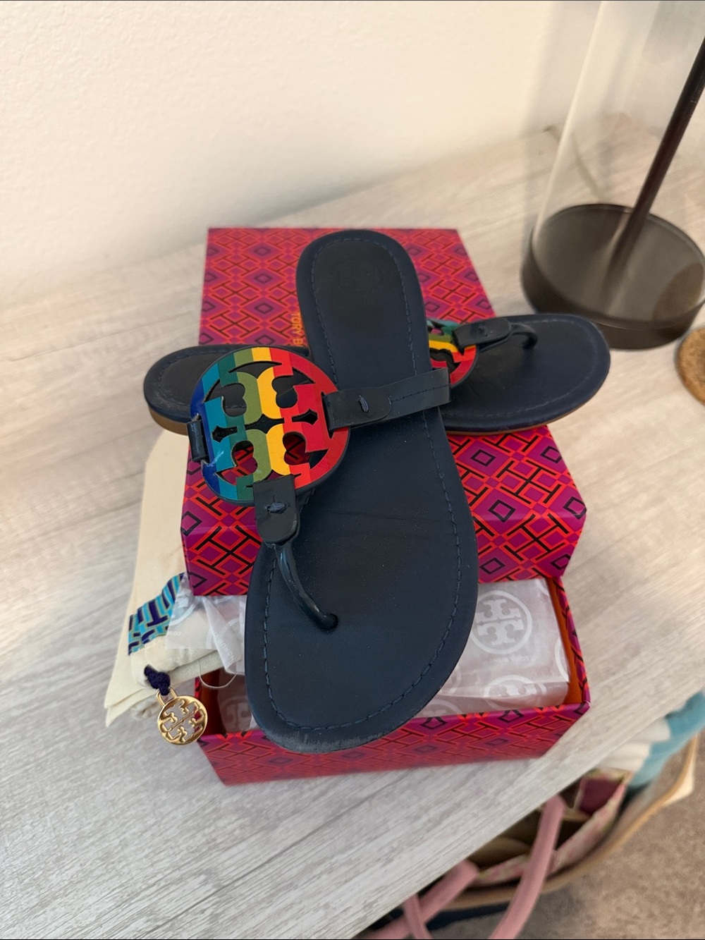 Tory Burch Navy Miller Thong Sandals with Rainbow Logo Medallion